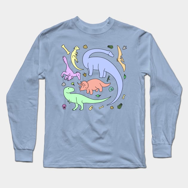 Pastel Colors Dinosaur Pattern Long Sleeve T-Shirt by saradrawspaleo